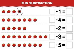 Education game for children fun subtraction by counting cartoon tomato in each row and eliminating it printable vegetable worksheet vector