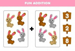 Education game for children fun addition by count and choose the correct answer of cute cartoon rabbit printable farm worksheet vector