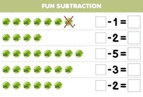 Education game for children fun subtraction by counting cartoon cabbage in each row and eliminating it printable vegetable worksheet vector
