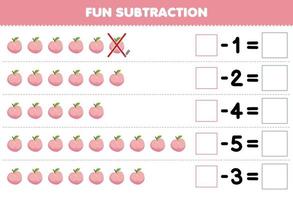 Education game for children fun subtraction by counting cartoon peach in each row and eliminating it printable fruit worksheet vector