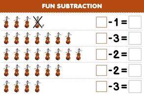 Education game for children fun subtraction by counting cartoon violin in each row and eliminating it printable music instrument worksheet vector