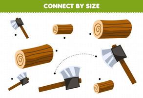 Educational game for kids connect by the size of cute cartoon wood log and ax printable farm worksheet vector