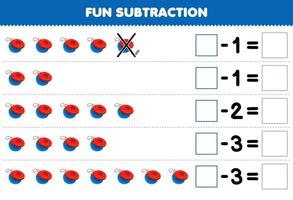 Education game for children fun subtraction by counting cartoon castanet in each row and eliminating it printable music instrument worksheet vector