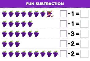 Education game for children fun subtraction by counting cartoon grape in each row and eliminating it printable fruit worksheet vector