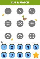 Educational game for kids count the dots on each silhouette and match them with the correct numbered pond printable farm worksheet vector
