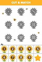 Educational game for kids count the dots on each silhouette and match them with the correct numbered sunflower printable farm worksheet vector