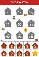 Educational game for kids count the dots on each silhouette and match them with the correct numbered barn printable farm worksheet vector