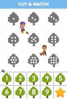 Educational game for kids count the dots on each silhouette and match them with the correct numbered tree printable farm worksheet vector