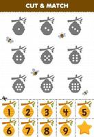 Educational game for kids count the dots on each silhouette and match them with the correct numbered beehive printable farm worksheet vector