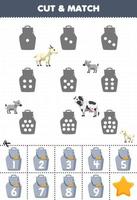 Educational game for kids count the dots on each silhouette and match them with the correct numbered milk container printable farm worksheet vector
