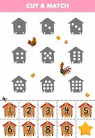 Educational game for kids count the dots on each silhouette and match them with the correct numbered coop printable farm worksheet vector