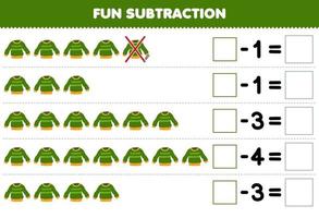 Education game for children fun subtraction by counting cartoon green sweater in each row and eliminating it printable wearable clothes worksheet vector