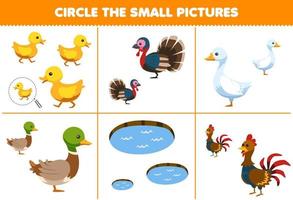 Education game for children circle the small picture of cute cartoon duck turkey goose duckling pond chicken printable farm worksheet vector