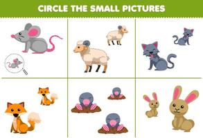 Education game for children circle the small picture of cute cartoon mouse sheep cat fox mole rabbit printable farm worksheet vector