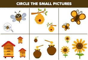 Education game for children circle the small picture of cute cartoon bee beehive butterfly honey sunflower printable farm worksheet vector