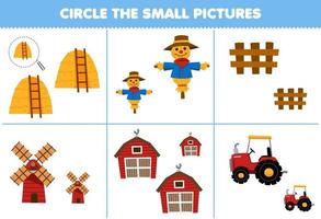 Education game for children circle the small picture of cute cartoon haystack scarecrow fence windmill barn tractor printable farm worksheet vector