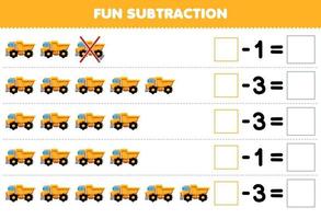 Education game for children fun subtraction by counting cartoon yellow dump truck in each row and eliminating it printable transportation worksheet vector