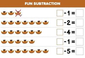 Education game for children fun subtraction by counting cartoon brown ark ship in each row and eliminating it printable transportation worksheet vector