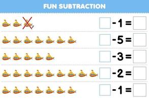 Education game for children fun subtraction by counting cartoon yellow submarine in each row and eliminating it printable transportation worksheet vector