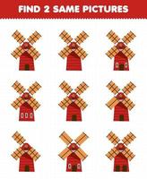 Education game for children find two same pictures of cute cartoon windmill printable farm worksheet vector