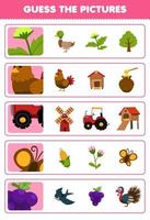 juego educativo para niños adivinar las imágenes correctas de dibujos animados lindo flor pollo tractor mariposa uva hoja de trabajo de granja imprimible vector