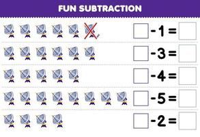 Education game for children fun subtraction by counting cute cartoon radar in each row and eliminating it printable solar system worksheet vector