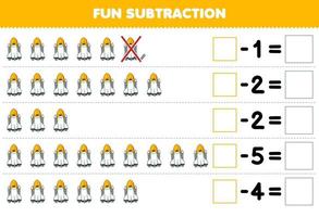 Education game for children fun subtraction by counting cute cartoon spaceship in each row and eliminating it printable solar system worksheet vector