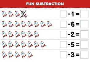 Education game for children fun subtraction by counting cute cartoon rocket in each row and eliminating it printable solar system worksheet vector