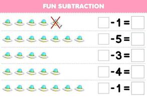 Education game for children fun subtraction by counting cute cartoon ufo in each row and eliminating it printable solar system worksheet vector