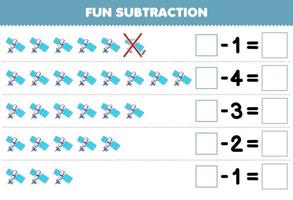 Education game for children fun subtraction by counting cute cartoon satellite in each row and eliminating it printable solar system worksheet vector