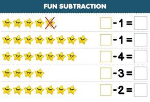 Education game for children fun subtraction by counting cute cartoon star in each row and eliminating it printable solar system worksheet vector