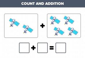 Education game for children fun addition by counting cute cartoon satellite pictures printable solar system worksheet vector