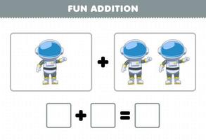 Education game for children fun addition by counting cute cartoon astronaut pictures printable solar system worksheet vector