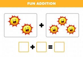 Education game for children fun addition by counting cute cartoon sun pictures printable solar system worksheet vector