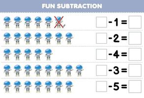 Education game for children fun subtraction by counting cute cartoon astronaut in each row and eliminating it printable solar system worksheet vector