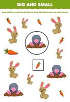 Education game for children arrange by size big or small by drawing circle and square of cute cartoon rabbit carrot mole printable farm worksheet vector