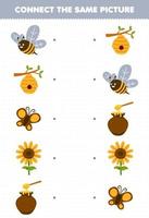 juego educativo para niños conecta la misma imagen de una linda caricatura abeja colmena mariposa girasol miel hoja de trabajo de granja imprimible vector