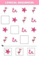 juego educativo para niños secuencias lógicas para niños con dibujos animados lindos flamingo estrella de mar imagen de gusano hoja de trabajo de animal rosa imprimible vector