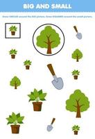 juego educativo para niños organizar por tamaño grande o pequeño dibujando un círculo y un cuadrado de una linda hoja de trabajo de granja imprimible con pala de planta de árbol de dibujos animados vector