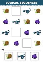 Education game for children logical sequences for kids with cute cartoon snail scorpion clam picture printable shell animal worksheet vector