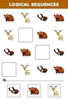 Education game for children logical sequences for kids with cute cartoon yak reindeer deer beetle picture printable horn animal worksheet vector