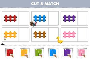 Education game for children cut and match the same color of cute cartoon fence printable farm worksheet vector