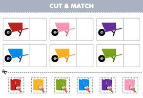 Education game for children cut and match the same color of cute cartoon wheelbarrow printable farm worksheet vector
