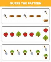Education game for children guess the pattern each row from cute cartoon ax wood log apple tree shovel plant printable farm worksheet vector