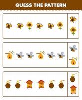 juego educativo para niños adivinar el patrón de cada fila de dibujos animados lindo mariposa girasol colmena abeja miel hoja de trabajo de granja imprimible vector