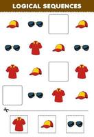 Education game for children logical sequences for kids with cute cartoon cap sunglasses polo shirt printable wearable clothes worksheet vector