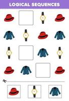 Education game for children logical sequences for kids with cute cartoon fedora hat watch blazer printable wearable clothes worksheet vector