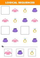 Education game for children logical sequences for kids with cute cartoon blouse ring skirt printable wearable clothes worksheet vector