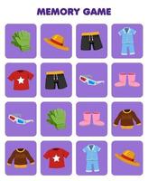 juego educativo para niños memoria para encontrar imágenes similares de dibujos animados guantes sombrero pantalón pijama camiseta gafas botas suéter ropa imprimible hoja de trabajo vector