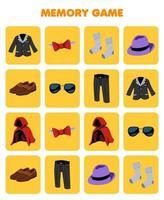 Education game for children memory to find similar pictures of cartoon blazer bow tie socks fedora hat shoes sunglasses trouser cloak printable clothes worksheet vector